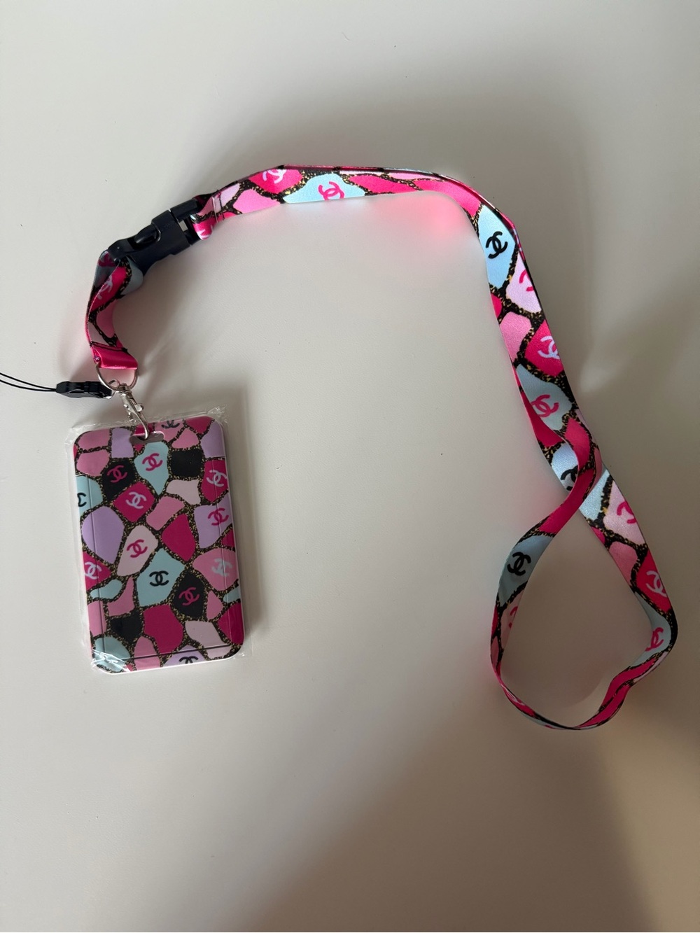 Pink Patterned Lanyard Badge Holder with Card Sleeve